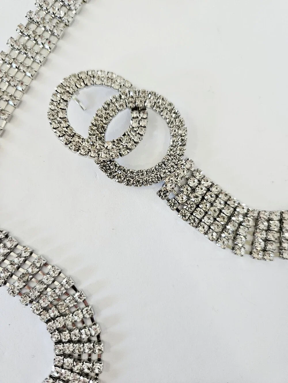 Clear Rhinestone Extra Long O-Ring Buckle Adjustable Tassel Chain Linked Belt 3X